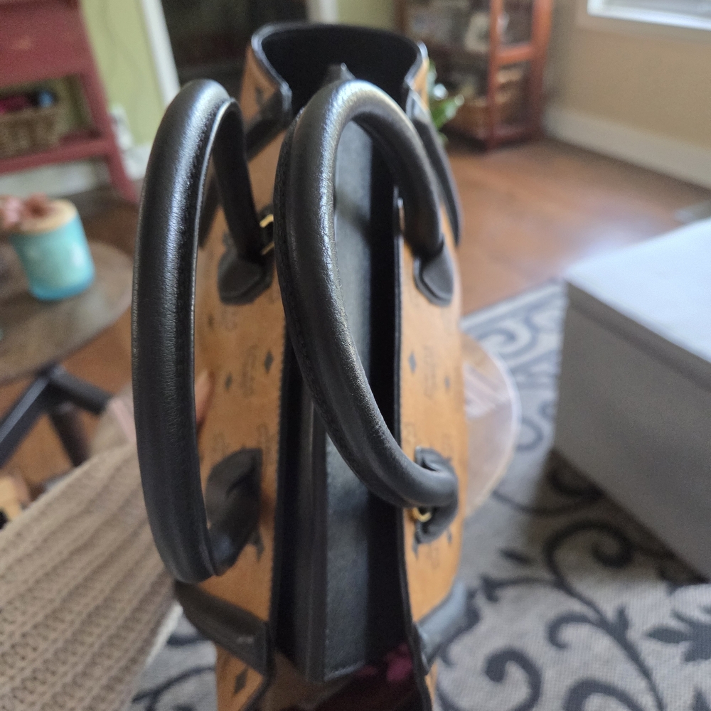MCM Visetos Monogram Tote Bag in Cognac and Black - Picture 6 of 10